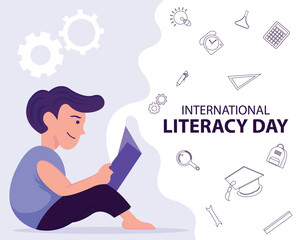 illustration vector graphic of a boy is sitting reading a book, displaying study equipment, perfect for international day, international literacy day, celebrate, greeting card, etc.