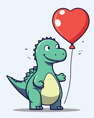 Cute green dinosaur with heart shaped red balloon. vector cartoon illustration isolated on light blue background, dinosaur and elements on separate layers, Happy birthday clipart
