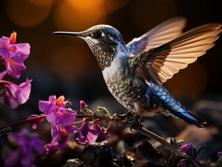 Fototapeta premium Anna's Hummingbird in flight with purple flower 