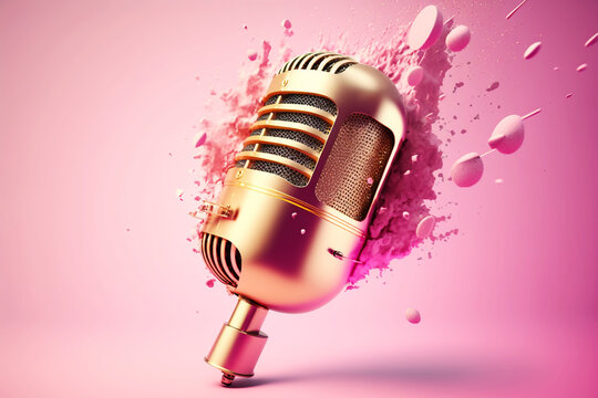 Golden metal microphone shatters explodes into large and small pieces, pink bright background. Grunge, nostalgia
