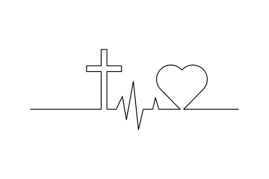Cross mark symbol Christian faith, single line. The cross and the pulse heart beats. Vector illustration. EPS 10.