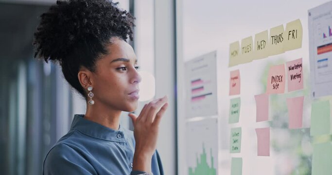 Planning, glass and woman thinking, ideas and project timeline, calendar management or sticky note schedule. Brainstorming, date priority and african person on window for business solution or planner