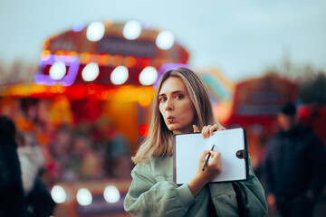 Woman Showing her Empty Bucket List in Fun Fair Festival. Travel girl thinking what to do and write...