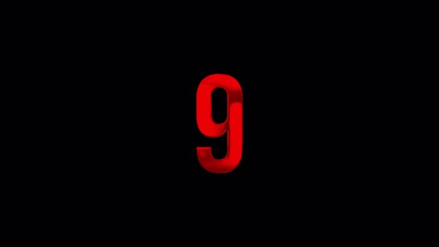 Countdown red  text number from Ten to zero with glitch effect animation on black abstract background. Isolated alpha channel Apply prores 444