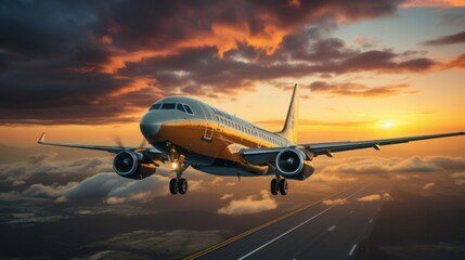 Airplane and road with motion blur effect at sunset. Landscape with passenger airplane is flying over the asphalt road and cloudy sky.