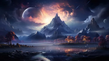 Foto op Plexiglas Mistige ochtendstond Abstract fantasy neon space landscape. Star nebulae, month and moon, mountains, fog. Unreal fantasy world. Silhouettes, horoscope, zodiac signs. 3D illustration