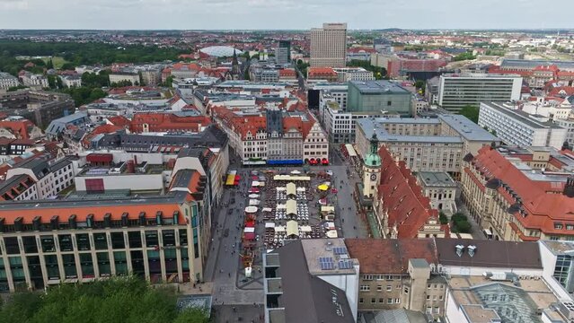 Drone shot of Historical market square ( Marktplatz Leipzig ) , Leipzig , Germany  . Busy Market Square .