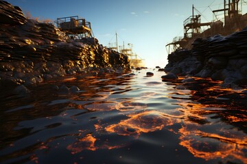 oil spill in the ocean, symbolizing the devastating effects of pollution on marine life and ecosystems. 