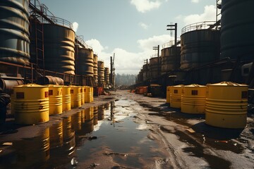 A hazardous waste disposal site with barrels and containers, illustrating the improper handling and disposal of toxic materials. 
