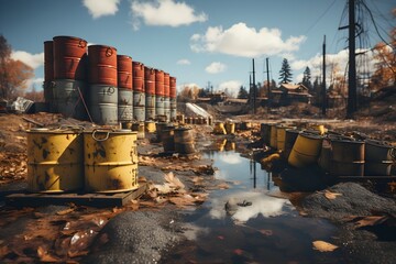 A hazardous waste disposal site with barrels and containers, illustrating the improper handling and disposal of toxic materials.  - obrazy, fototapety, plakaty