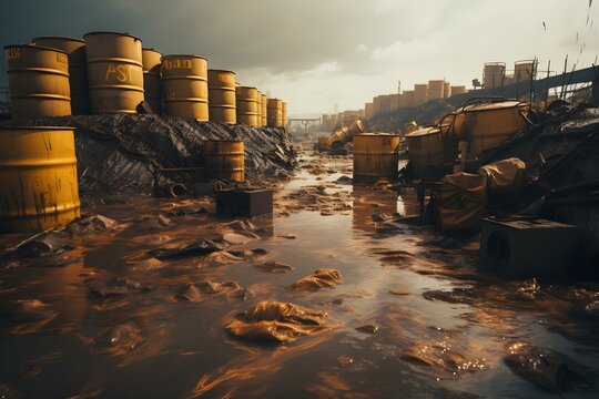 A hazardous waste disposal site with barrels and containers, illustrating the improper handling and disposal of toxic materials. 