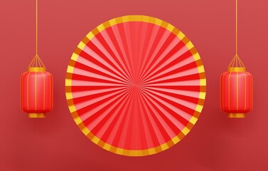 Chinese ornament for Lunar New Year, Hanging Red lantern, Oriental Asian style on red background. 3D Rendering