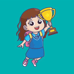 happy cute little kid girl holding trophy cartoon illustration