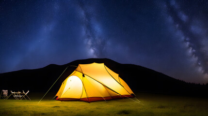 Fototapeta na wymiar 満点の星空、キャンプ、テント｜Perfect starry sky, camping, tents, Generative Ai