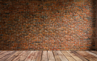 Wooden board empty table background. brick wall loft