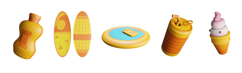 3D icon summer collection rendered isolated on the white background