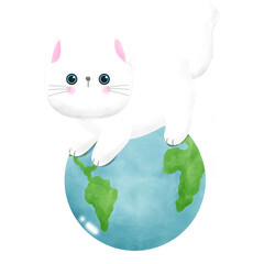 Cute cat international cat day kitten and world watercolor style illustration element Png