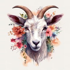 Image of a goat surrounded by colorful tropical flowers. Wildlife Animals. Illustration, Generative AI.