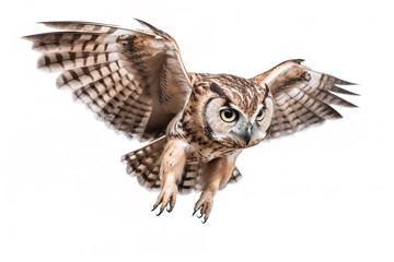 Fototapeta premium Image of an owl is flapping its wings fly on a white background. Wild Animals. Birds. Illustration. Generative AI.