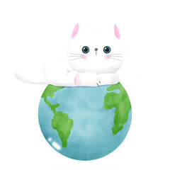 Cute cat international cat day kitten and world watercolor style illustration element Png