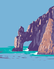 WPA poster art of El Arco or the arch of Cabo San Lucas at the southern tip of Cabo San Lucas in Baja California Peninsula Mexico done in works project administration or Art Deco style.