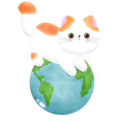 Cute cat international cat day kitten and world watercolor style illustration element Png