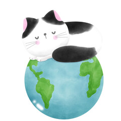 Cute cat international cat day kitten and world watercolor style illustration element Png