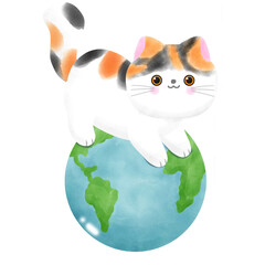 Cute cat international cat day kitten and world watercolor style illustration element Png