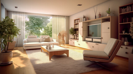 Fototapeta premium 3D render Nature's Haven- A Serene Fusion of Living Room and Garden relax view for Tranquility and Harmonious Connection interior design.jpg