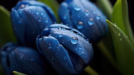 Blue Tulips flowers with water drops background. Closeup of blossom with glistening droplets. Generative AI
