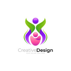 Human care, mom and children logo with social design