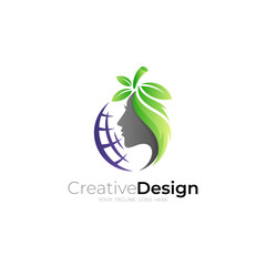 Beauty logo with nature design vector, leaf and people logos, globe