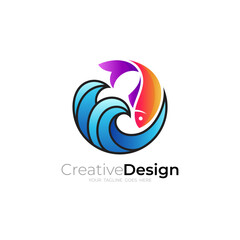 Wave logo with marine life design combination, 3d colorful