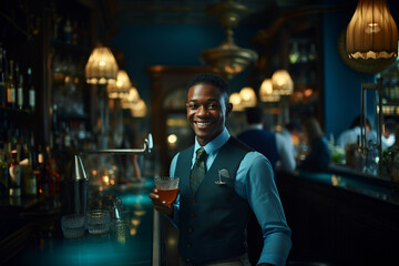 Fototapeta premium Portrait of a young man working behind a bar counter, Master Mixologist: Crafting Exquisite Drinks and Wine at a Refined Restaurant