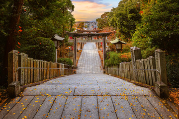 Fukuoka, Japan - Nov 21 2022: Miyajidake Shrine is primarily dedicated to Empress Jingu, home to five-ton sacred straw rope and attracts over 2 million worshippers a year