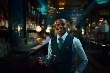 Fototapeta premium Portrait of a young man working behind a bar counter, Mixing Magic: Portrait of a Talented Bartender at Work