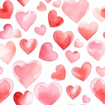 Watercolor hearts seamless pattern on a white background. Hand drawn illustration