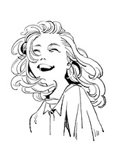 笑顔で風に吹かれる女性のシンプルな線画イラスト
