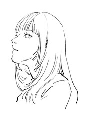 上を見上げるシャギーの入ったセミロングの女性のシンプルな線画イラスト