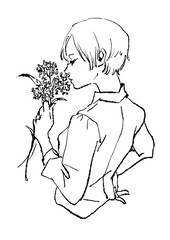 花の香りをかぐショートへアの女性のシンプルな線画イラスト(PNG)