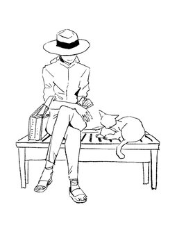 帽子を被りベンチに座った女性と猫のシンプルな線画イラスト(PNG)