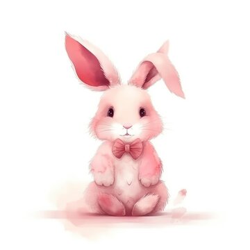 Cute pink rabbit. children's colorful illustration for a postcard or book.Generative AI