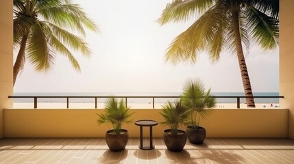 Fototapeta na wymiar summer delight wooden balcony patio deck with sunlight and coconut tree panorama view house interior mock up design background house balcony daylight,generative ai