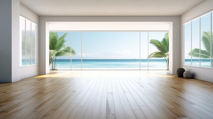 beautiful home interior space with black living room wooden floor with ocean seaside blue sky sea sand beach summer freshness travel season window view house design tropical style,generative ai