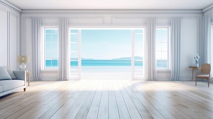Obraz premium beautiful home interior space with black living room wooden floor with ocean seaside blue sky sea sand beach summer freshness travel season window view house design tropical style,generative ai