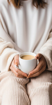 Young woman hand holding white cup of coffee on the bed in the morning.Generative ai