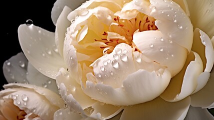 Fototapeta na wymiar White Peony flowers with water drops background. Closeup of blossom with glistening droplets. Generative AI