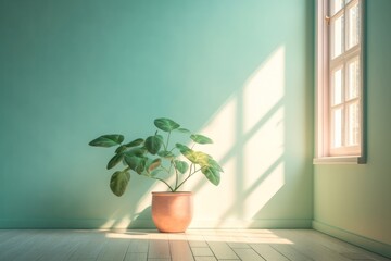 minimalistic background with a flower in a pot against a green wall and light from the window. Generative AI