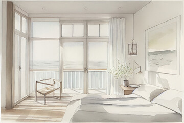 Coastal bedroom interior mockup, watercolor, social media post