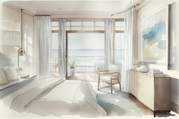 Coastal bedroom interior mockup, watercolor, social media post